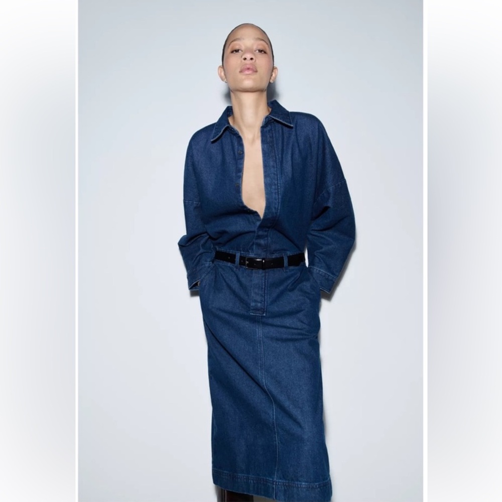 Zara ZW Collection Women's Blue Denim Midi Dress NWT Bloggers Favorite